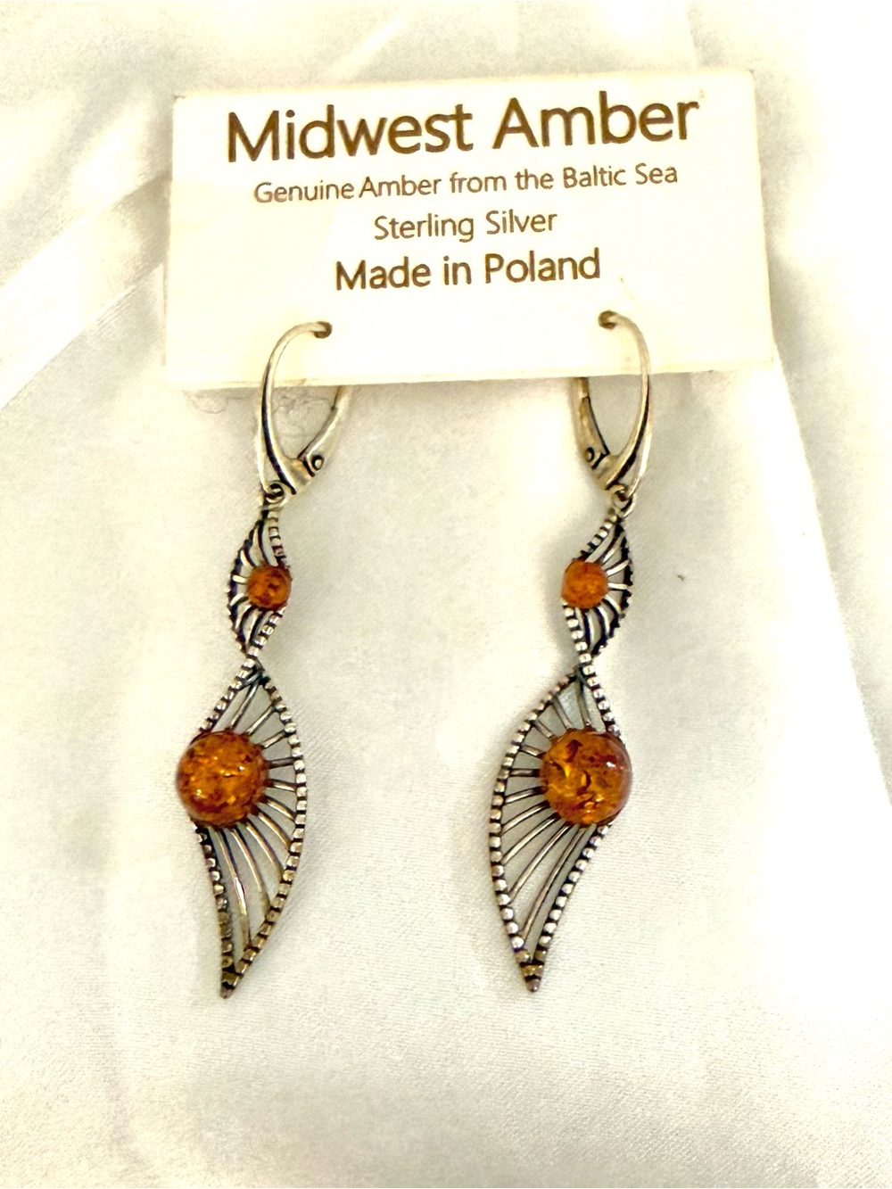 Midwest Amber Sterling Silver Baltic Amber Dangle Earrings Poland Leverback